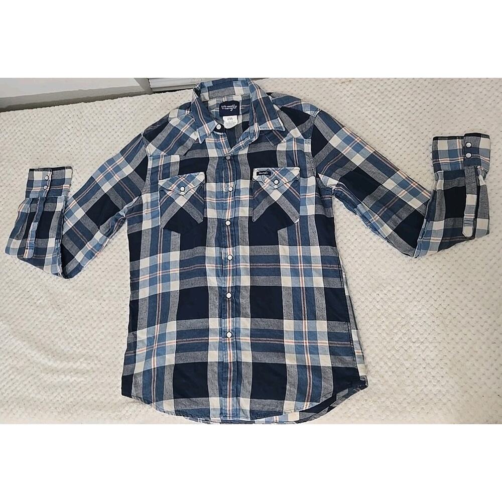 Wrangler Pearl Snap Western Shirt Mens Medium Blue Plaid Long Sleeve Cowboy